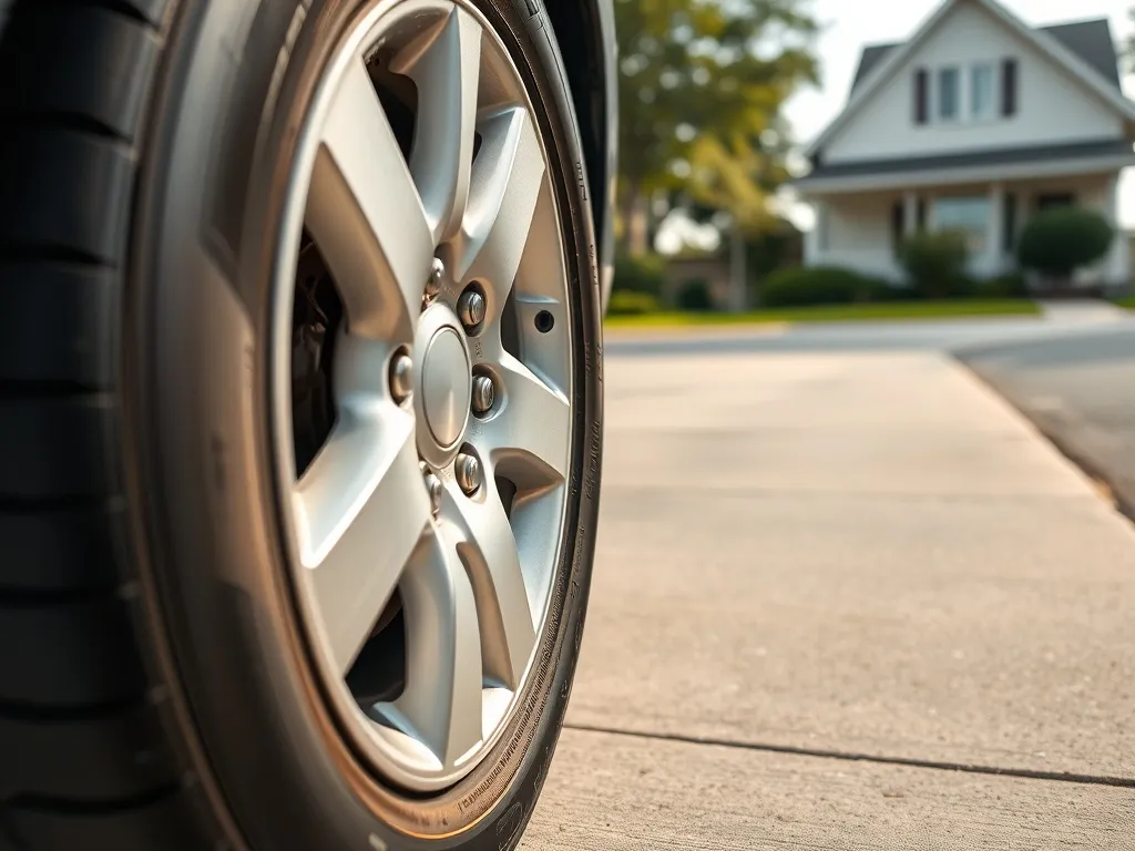 Koło auta z oponą 195/65 R15 na podjeździe, z wyraźnym bieżnikiem, ilustrujące temat prawidłowego ciśnienia w oponach.