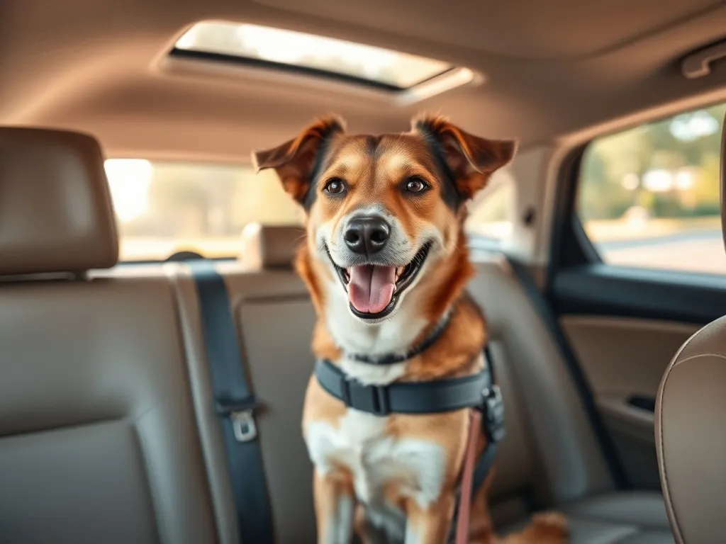 Uśmiechnięty pies spokojnie siedzi na tylnym siedzeniu auta, przypięty szelkami do pasa bezpieczeństwa podczas podróży.
