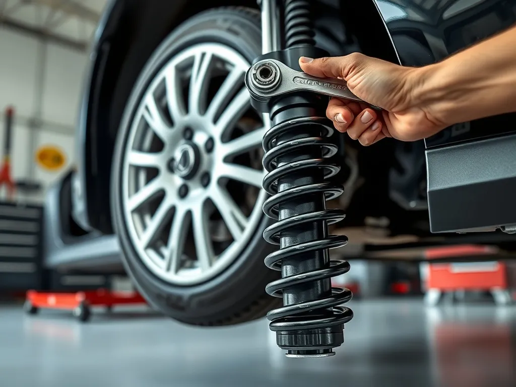 Ręka reguluje wysokość zawieszenia gwintowanego kluczem przy kole auta w czystym garażu, widoczne detale amortyzatora.