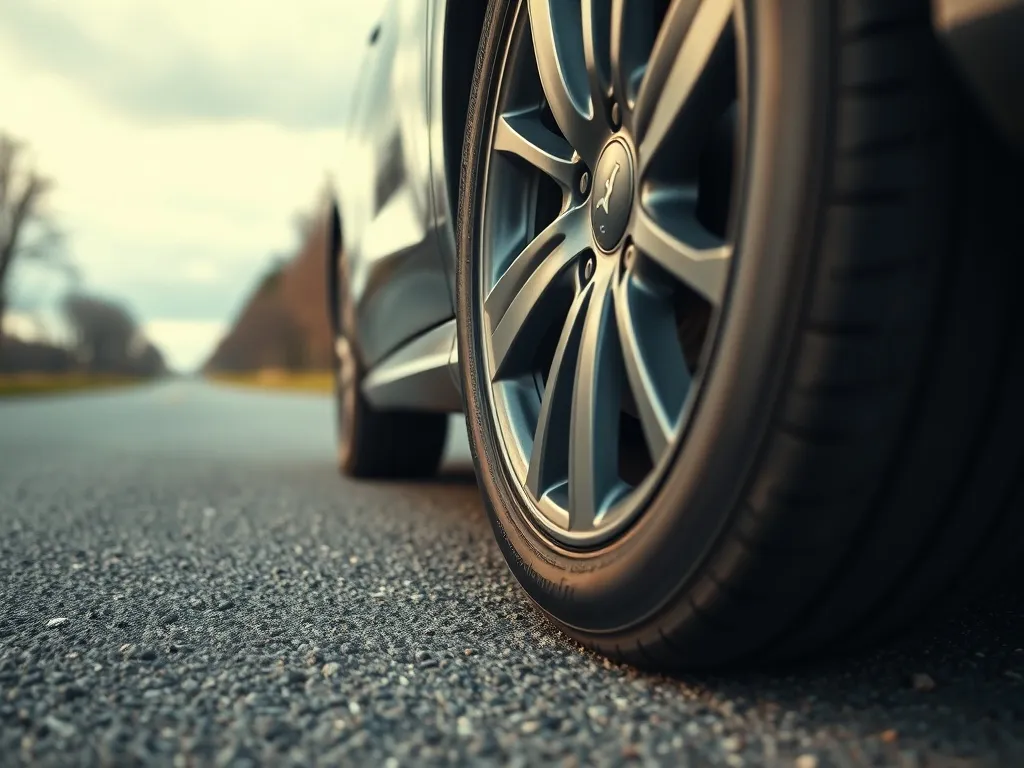 Zbliżenie opony jadącego auta na pustej drodze, podkreślone bieżnik i kontakt z asfaltem, sugerowany szum toczenia