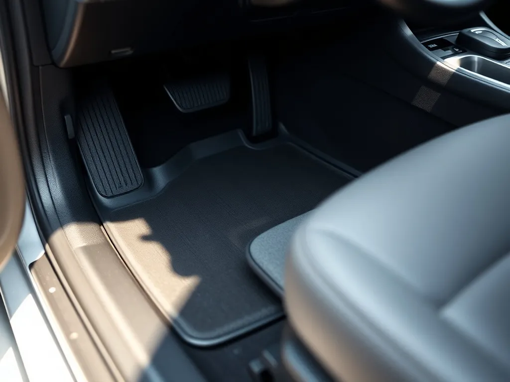 Porównanie gumowego i materiałowego dywanika w czystym wnętrzu auta, prezentacja wyboru wycieraczek samochodowych