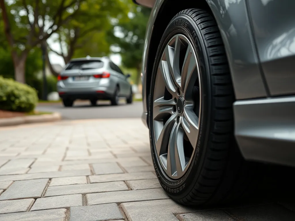 Zbliżenie na przednie i tylne koło auta, ukazujące bieżnik opon w kontekście doboru różnych opon na przód i tył.
