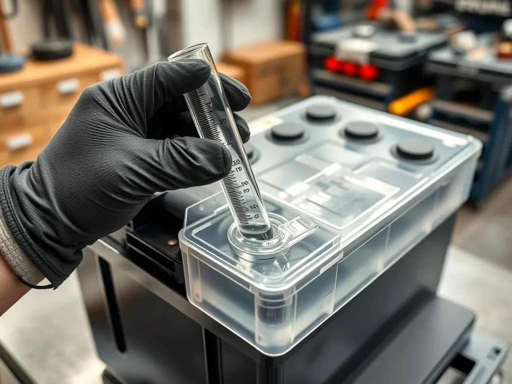 Mechanik mierzy gęstość przezroczystego elektrolitu w akumulatorze samochodowym za pomocą prostego areometru szklanego.