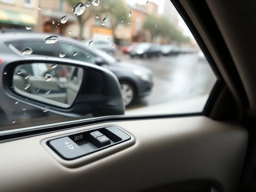 Przycisk sterowania szybą w drzwiach auta i lekko uchylona boczna szyba z kroplami deszczu, na tle spokojnej ulicy.