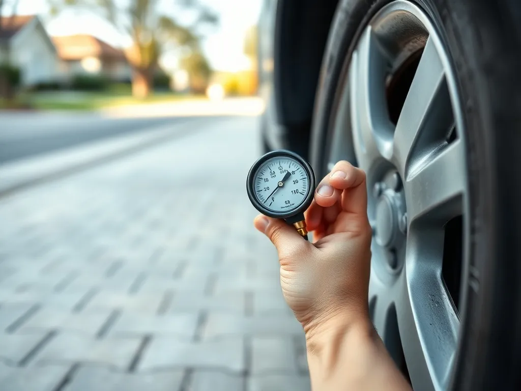 Ręka przykłada analogowy manometr do zaworu opony samochodu, ilustrując krok po kroku pomiar ciśnienia w oponie