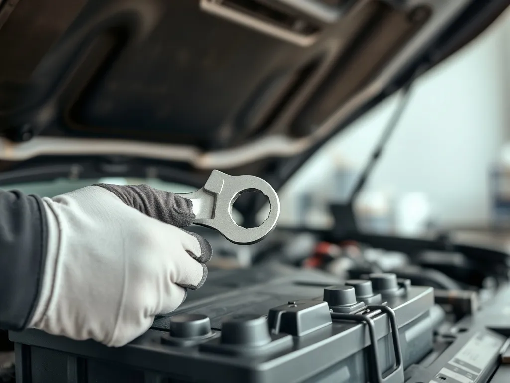 Mechanik w rękawicach luzuje kluczem klemę ujemną akumulatora samochodowego pod otwartą maską w jasnym garażu.