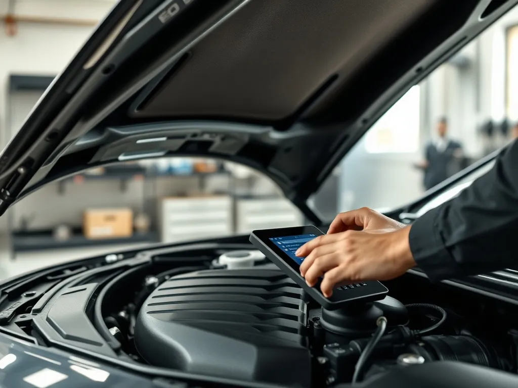 Mechanik reguluje silnik auta za pomocą komputera w nowoczesnym warsztacie, symbolizując bezpieczny tuning mocy.