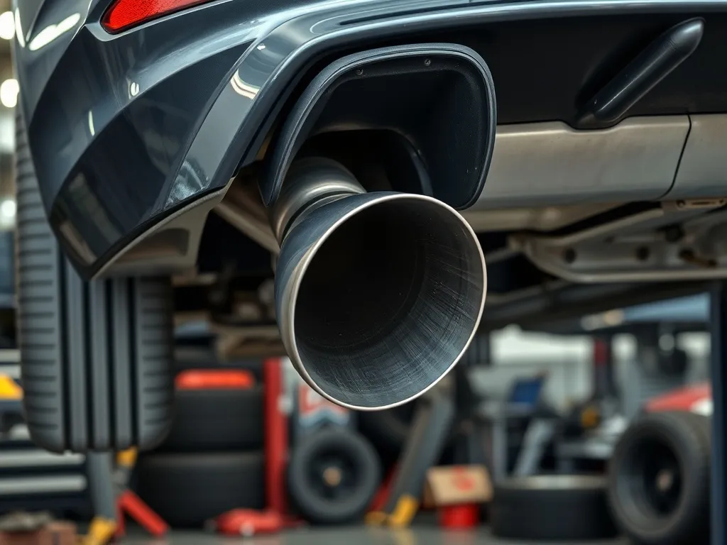 Zbliżenie na układ wydechowy diesla z widocznym downpipem w warsztacie, podkreślające modyfikację i jej znaczenie.