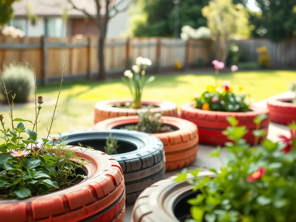 Kolorowe stare opony przerobione na donice w ogrodzie, wypełnione roślinami i kwiatami na małym patio.