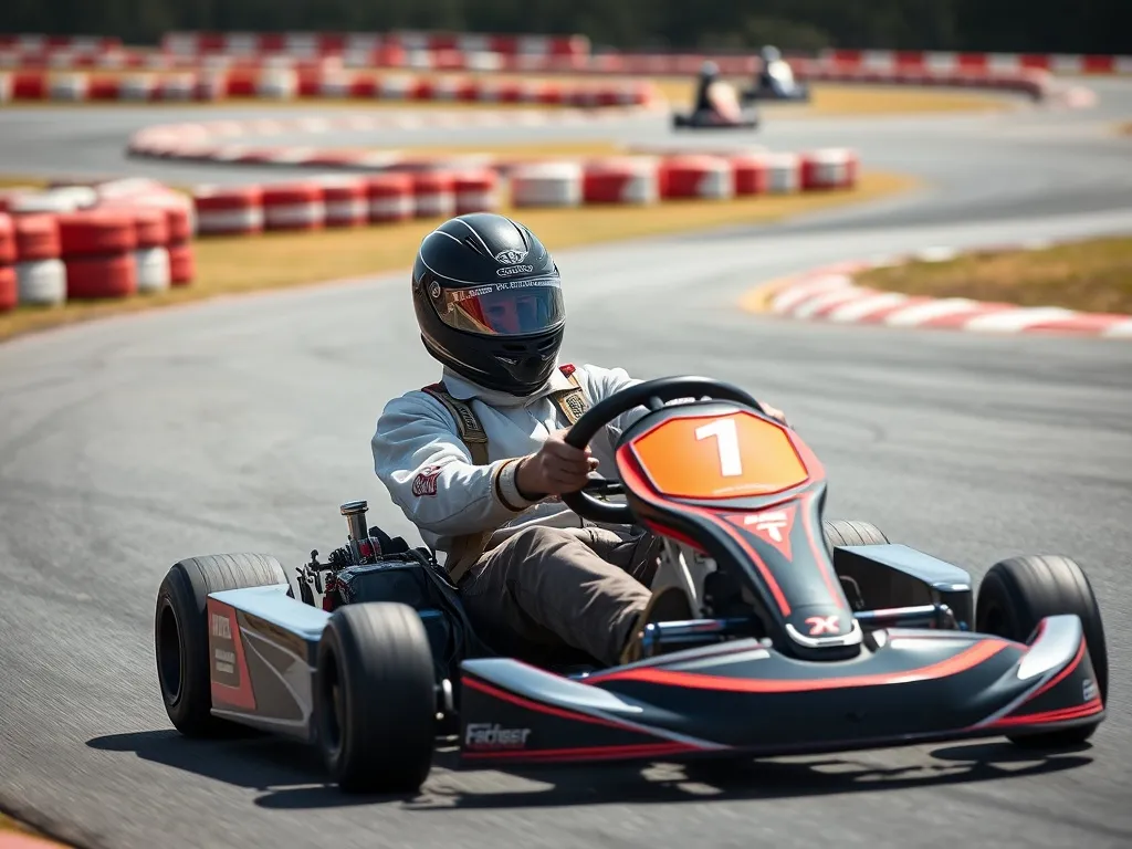 Początkujący kierowca gokarta pokonuje zakręt na torze, pokazując prawidłową pozycję i kontrolę nad pojazdem.