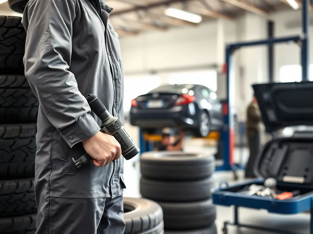 Wulkanizator w nowoczesnym warsztacie trzyma oponę i klucz pneumatyczny, w tle podnośnik z autem i drugi mechanik.