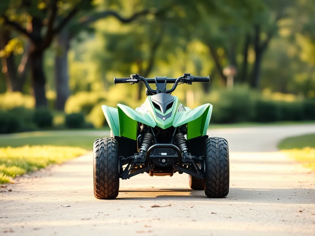 Mały quad dziecięcy na leśnej ścieżce, podkreślone szerokie podnóżki i osłony, spokojne, bezpieczne otoczenie.