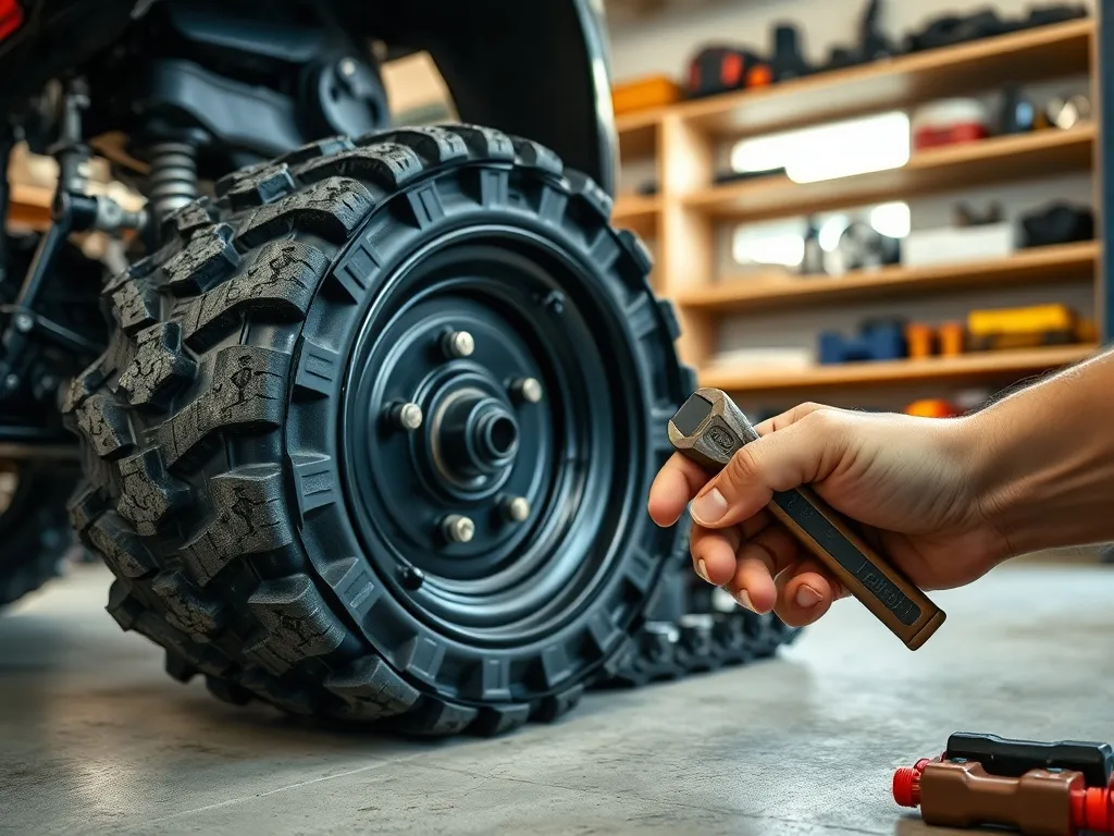 Zbliżenie na montaż gąsienicy do koła quada w domowym garażu, widoczne ręce dokręcające śruby prostymi narzędziami.