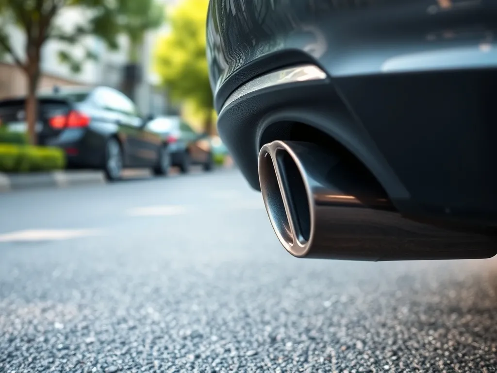 Zbliżenie na rurę wydechową nowoczesnego auta, symbolizujące działanie i czystość filtra cząstek stałych DPF.