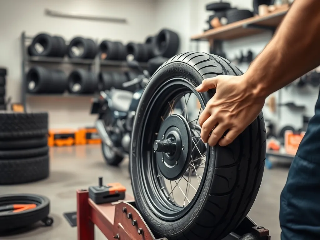 Mechanik w warsztacie wulkanizuje oponę motocyklową na maszynie, w tle regały z oponami i częściami motocyklowymi.