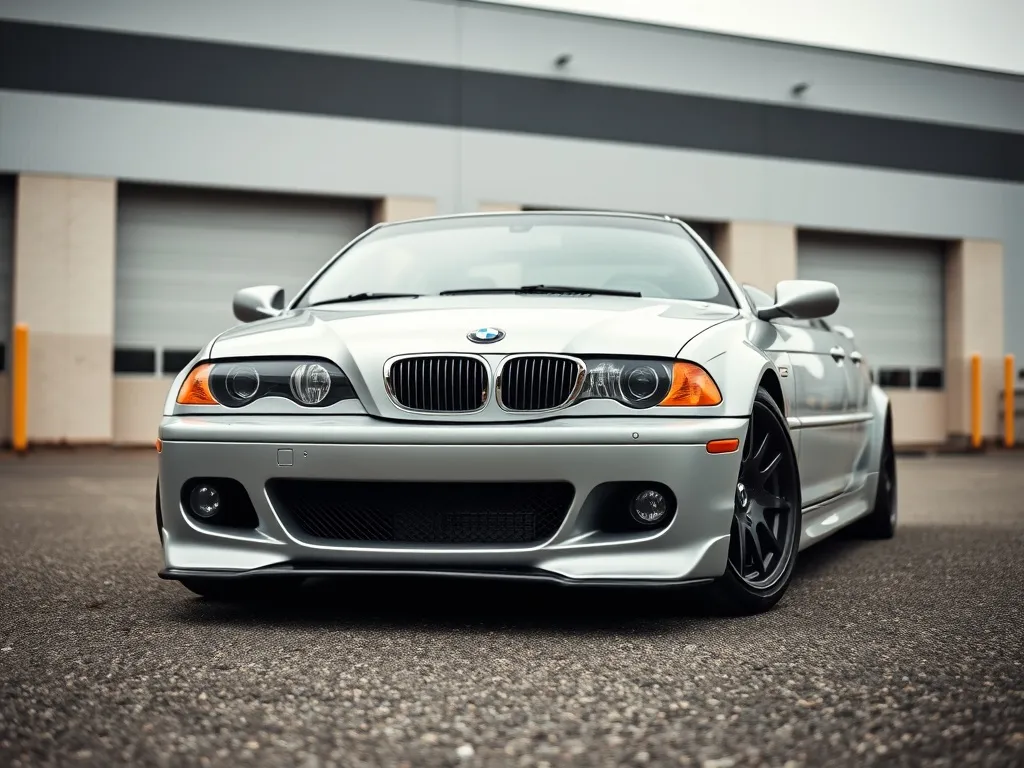 Srebrne BMW E46 z zamontowanym sportowym body kitem, pokazujące zderzak, progi i subtelny spoiler z przodu auta.