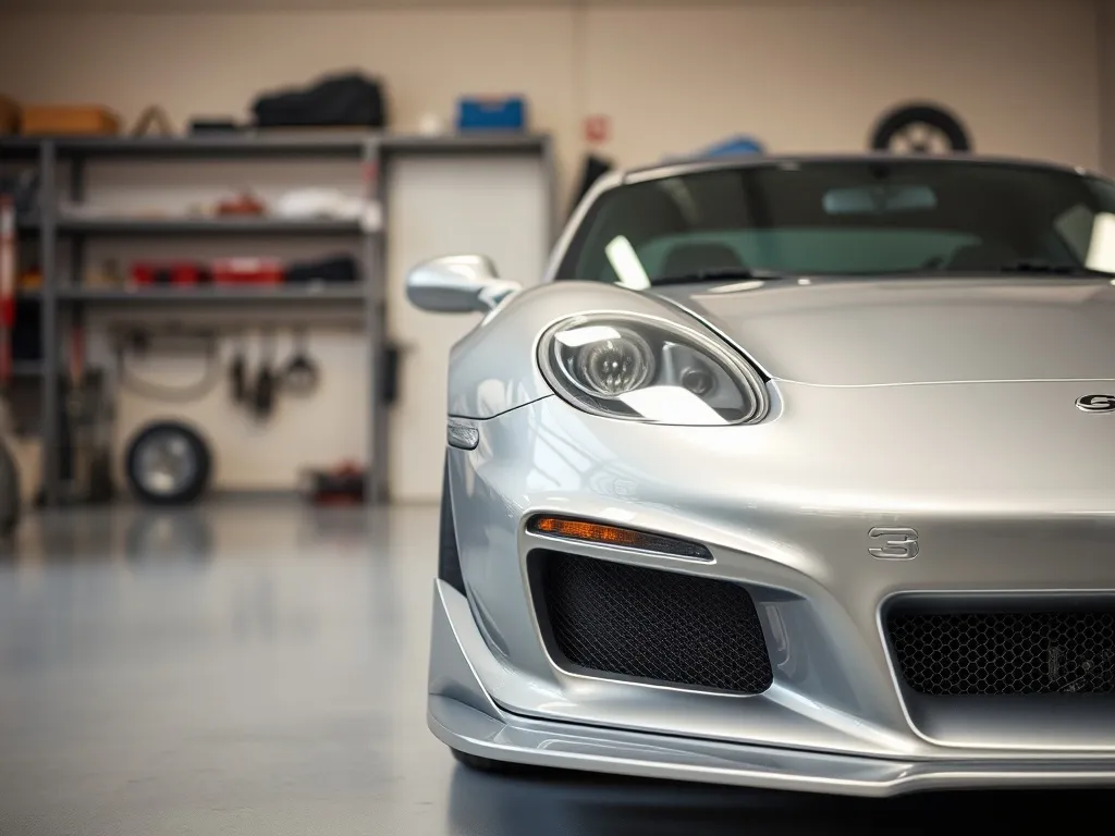 Srebrny Nissan GTR w garażu prezentujący agresywny przedni zderzak, poszerzone błotniki i progi body kitu.