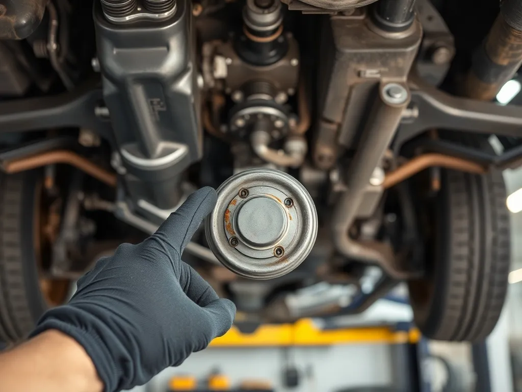 Mechanik wskazuje zużytą poduszkę skrzyni biegów w aucie na podnośniku, w profesjonalnym warsztacie samochodowym.