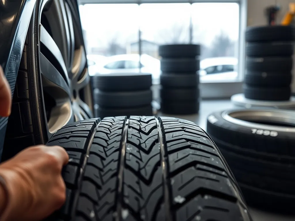 Mechanik zmienia oponę letnią na zimową w warsztacie, na tle stosu opon i chłodnej, pochmurnej ulicy za oknem.