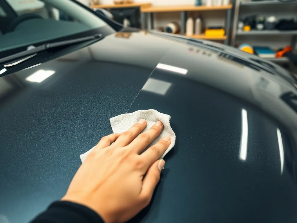 Ręka z mikrofibrą usuwa matową warstwę z maski auta, ukazując połysk lakieru po skutecznym usunięciu powłoki ceramicznej.