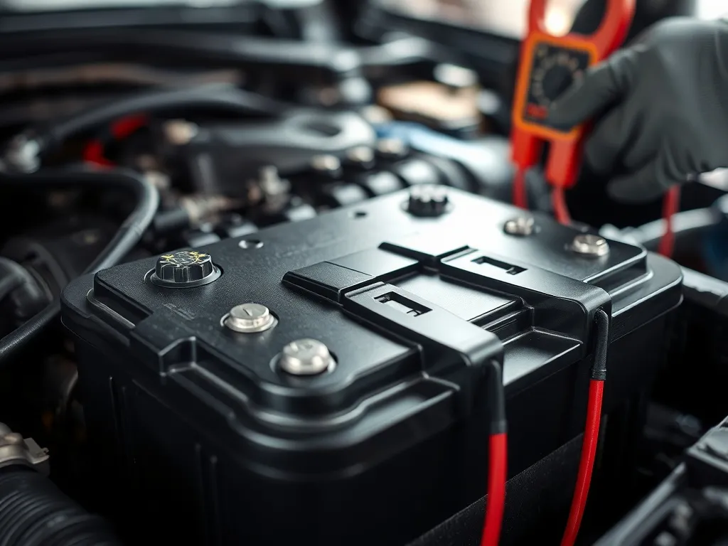 Mechanik w rękawicach mierzy parametry akumulatora samochodowego w komorze silnika, z widocznymi klemami i przewodami