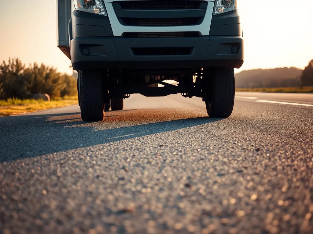 Biały bus dostawczy stojący na asfalcie, z wyeksponowanym bieżnikiem przednich opon, symbol wyboru opon do busa.