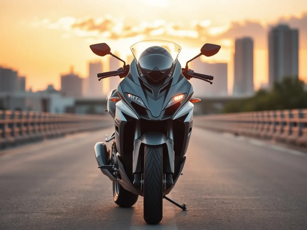 Niewielki sportowy motocykl na pustej drodze o zachodzie słońca, idealny model startowy dla początkującej motocyklistki