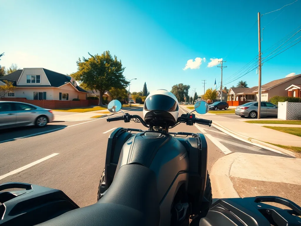 Quad stoi zaparkowany przy spokojnej, słonecznej ulicy osiedlowej, podkreślając możliwość jazdy quadem po drogach publicznych