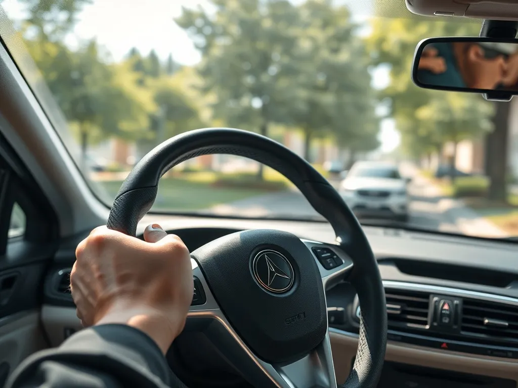 Zbliżenie nowoczesnej kierownicy w Golfie 6, widoczne przyciski i przeszycia, w tle rozmyta ulica z drzewami.