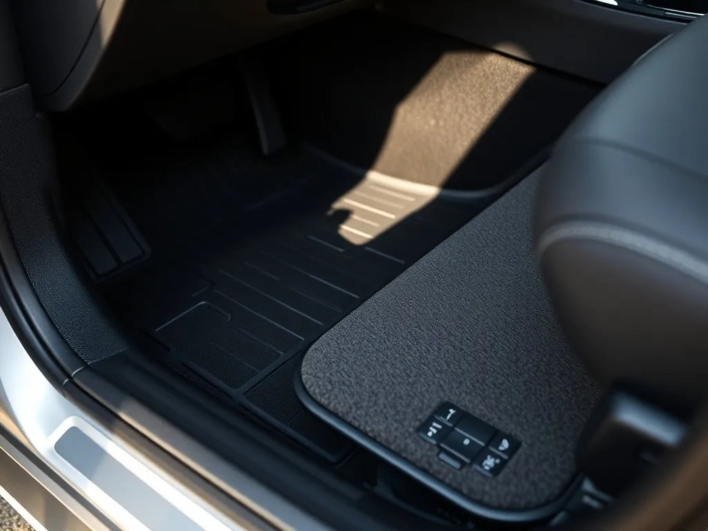 Porównanie dywaników samochodowych: gumowy całoroczny i elegancki materiałowy, ułożone w czystym wnętrzu auta.