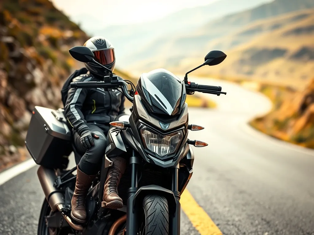 Kompletny strój na motocykl szosowo‑turystyczny ułożony przy motocyklu na górskiej drodze, gotowy do bezpiecznej jazdy