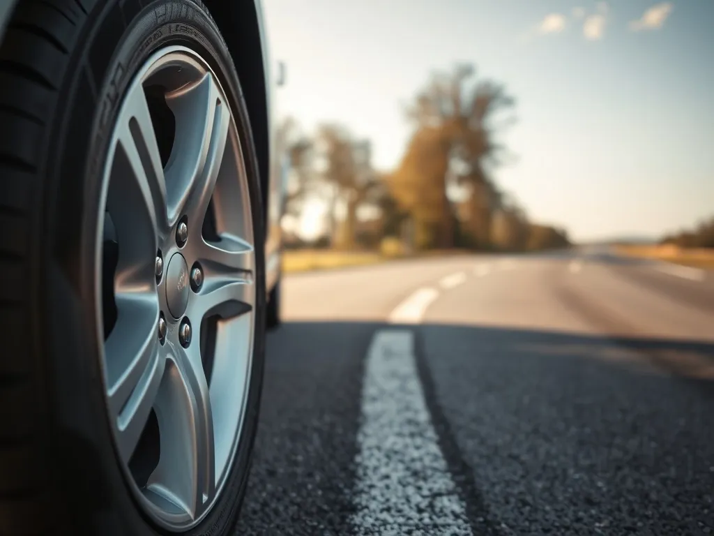 Zadbane koło samochodu na drodze, symbolizujące bezpieczeństwo i regularną wymianę opon w aucie osobowym.