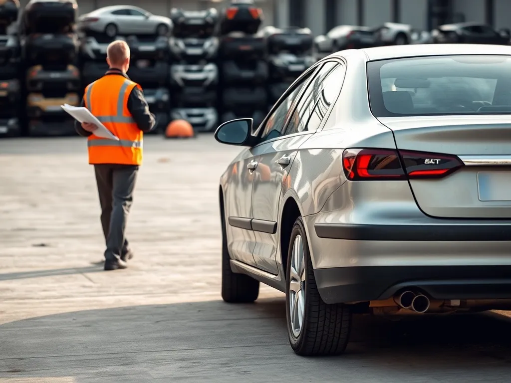 Pracownik stacji demontażu ogląda auto przed złomowaniem, w tle sprasowane wraki i części samochodowe.