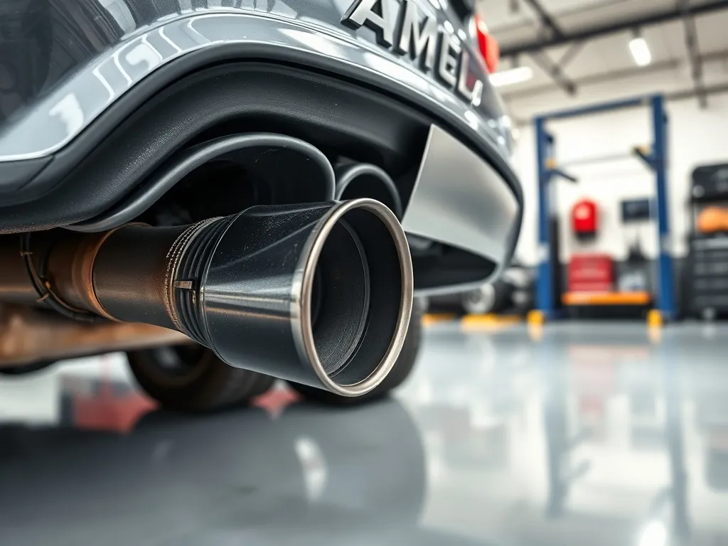 Zbliżenie układu wydechowego z filtrem DPF w nowoczesnym warsztacie, ilustrujące serwis i koszt czyszczenia filtra.