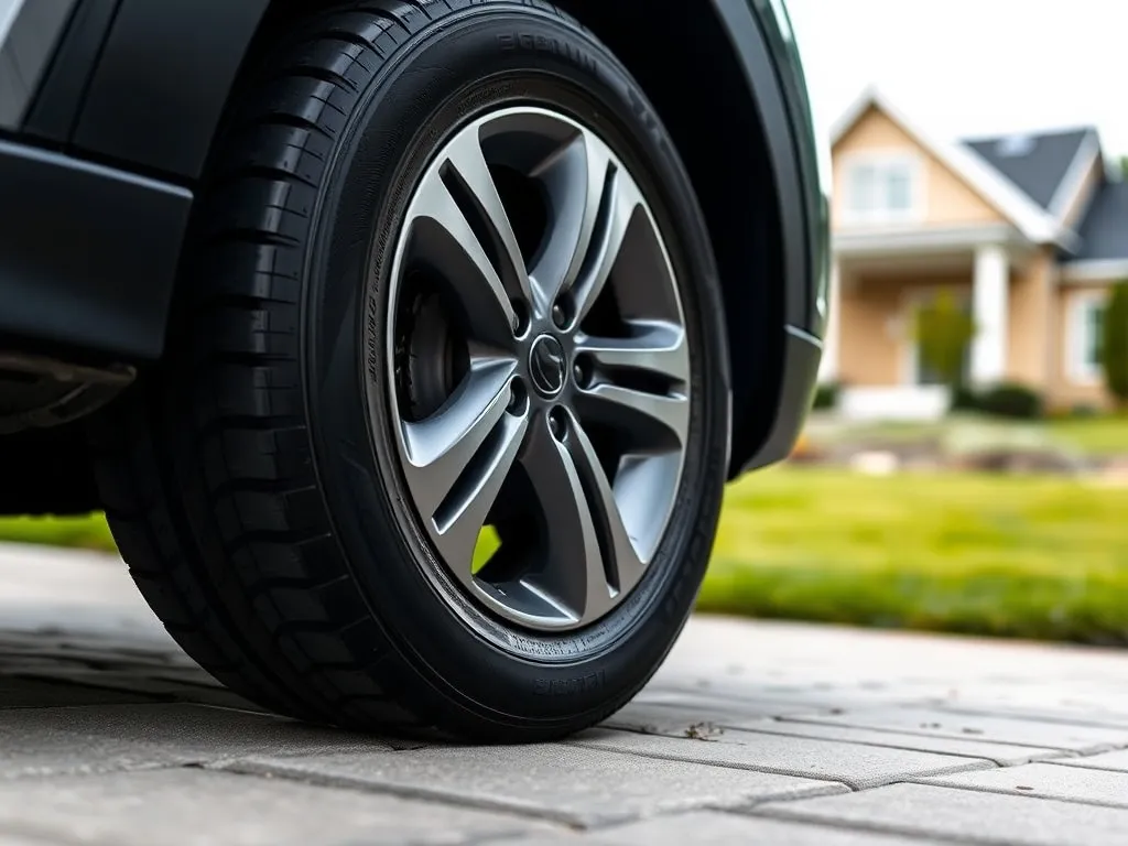 Zbliżenie koła Hyundai Tucson z widocznym wentylem opony, podkreślające znaczenie prawidłowego ciśnienia w oponach.