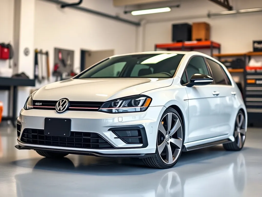 Golf 6 z dyskretnym body kitem w nowoczesnym garażu, podkreślone dokładne linie zderzaka, progów i felg