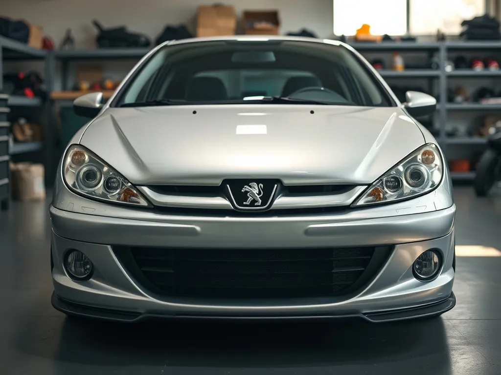Srebrny Peugeot 206 w garażu z zamontowanym sportowym body kitem, wyeksponowany zderzak przedni i progi boczne.