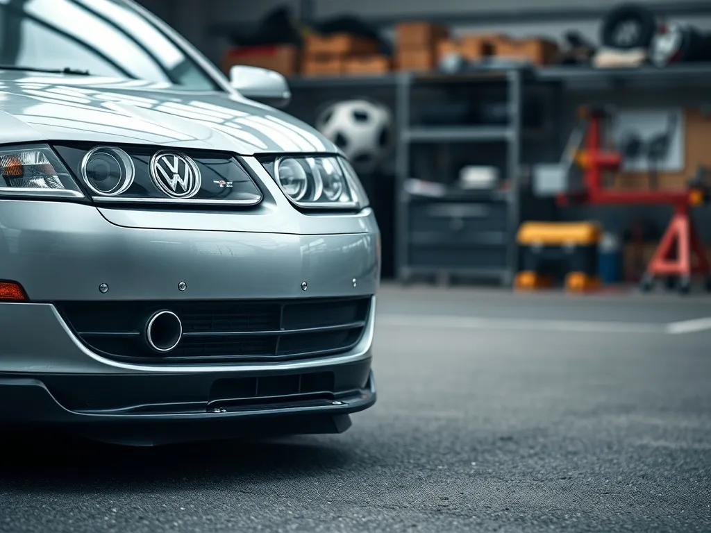 Srebrny Volkswagen Passat B5 z delikatnym body kitem i obniżonym zawieszeniem na tle nowoczesnego warsztatu.