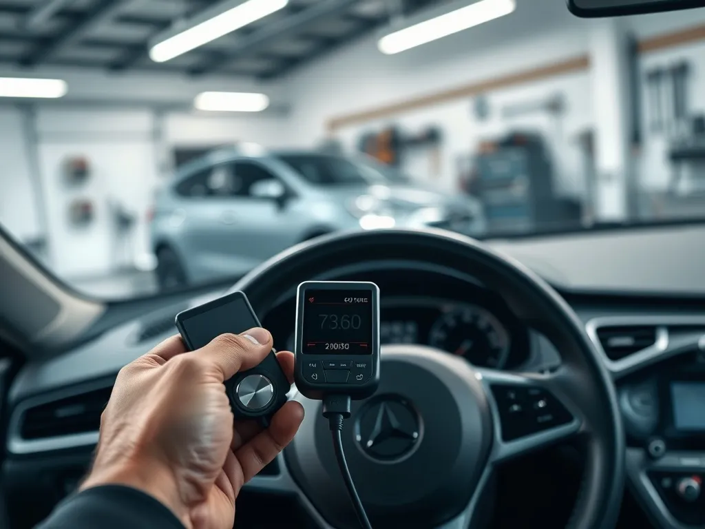 Mechanik podłącza urządzenie OBD do samochodu w nowoczesnym warsztacie, ilustrując proces chip tuningu silnika.