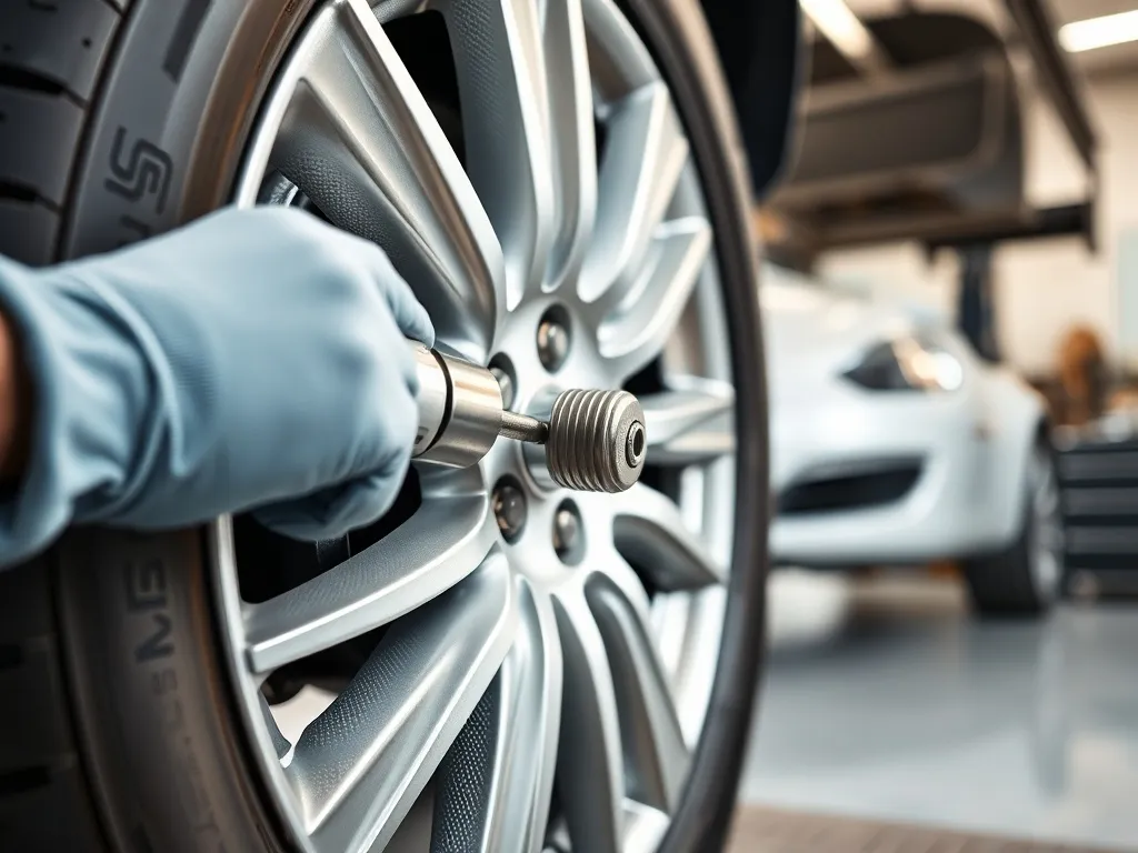 Mechanik w rękawicach dokręca śrubę koła kluczem dynamometrycznym, podkreślając właściwy moment dokręcania.