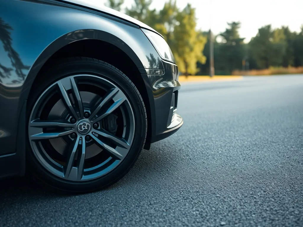 Ciemnosrebrne Audi A6 C6 quattro z wyeksponowaną przednią oponą, podkreślającą nowy bieżnik i przyczepność na drodze