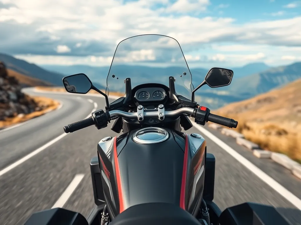 Nowoczesny motocykl turystyczny na górskiej szosie, widok z perspektywy kierowcy, podkreślający wygodę i możliwości podróży