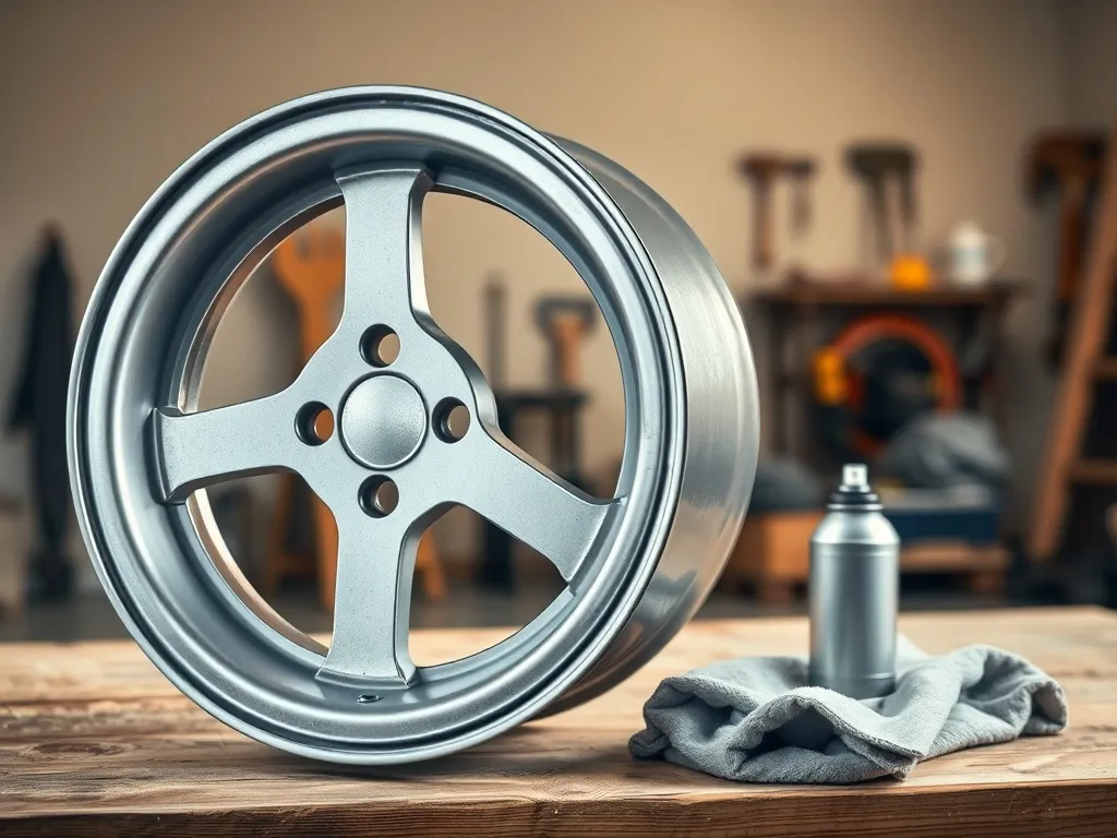 Stalowa felga na stole, w połowie polakierowana na srebrno, obok spray i ściereczka w warsztatowym otoczeniu.
