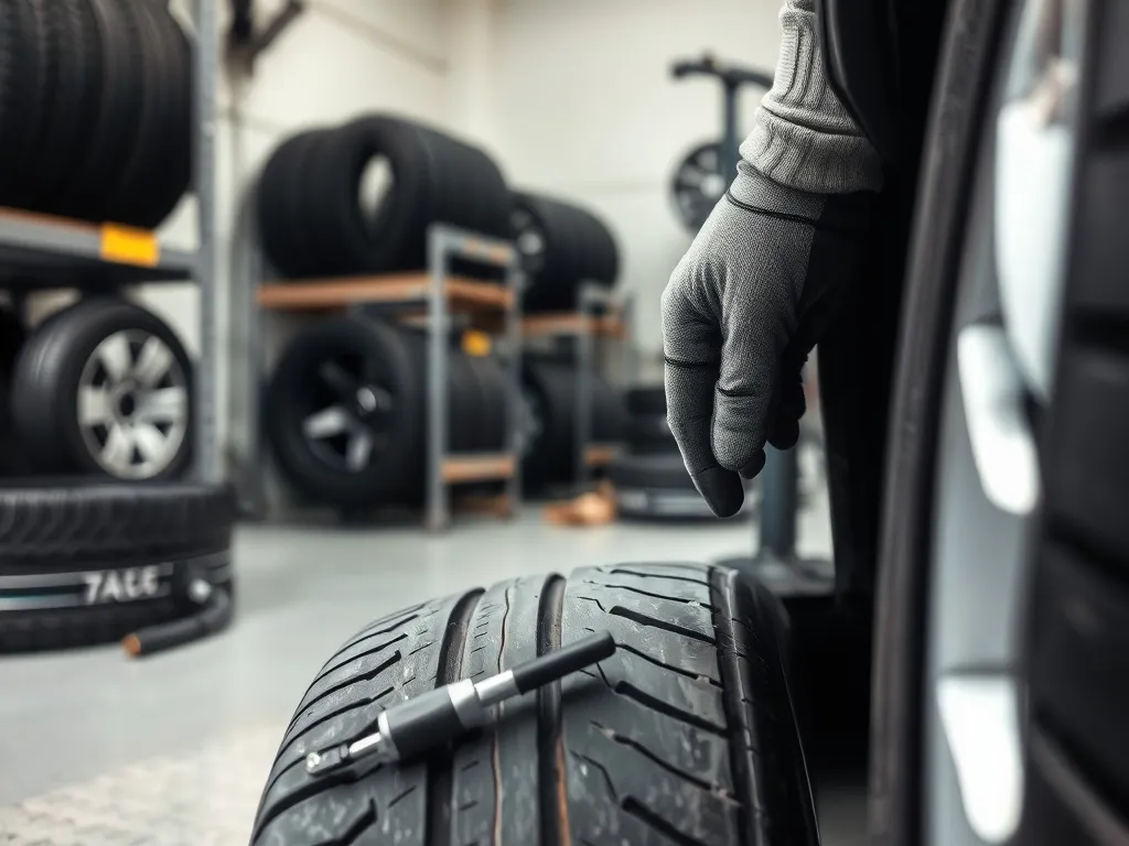 Mechanik w rękawicach dokładnie sprawdza bieżnik opony w warsztacie wulkanizacyjnym, obok narzędzia i wąż powietrzny.
