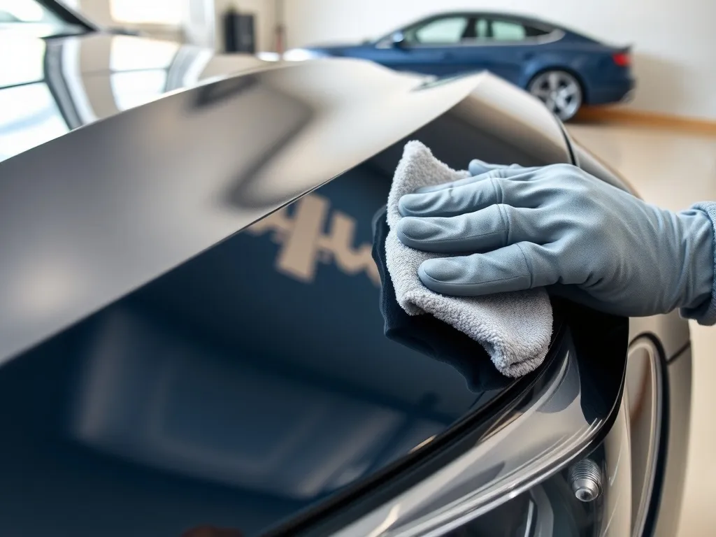 Detailer w rękawiczce poleruje lśniącą maskę auta mikrofibrą, podkreślając efekt powłoki ceramicznej.