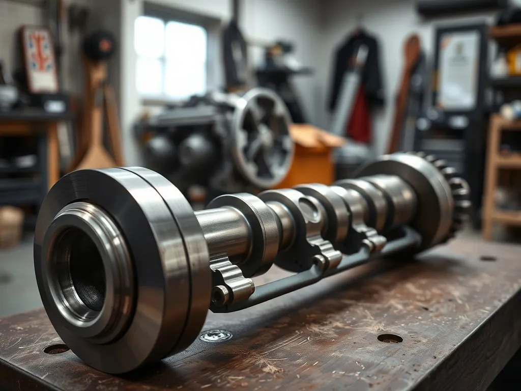 Wał korbowy na stole warsztatowym, z widocznymi czopami korbowodowymi, na tle rozmazanego bloku silnika samochodu.