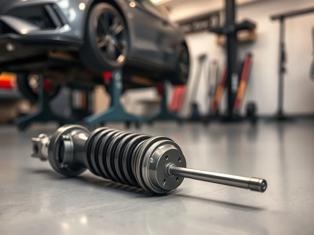 Zbliżenie na zawieszenie gwintowane z regulacją wysokości, na tle uniesionego auta w nowoczesnym warsztacie.