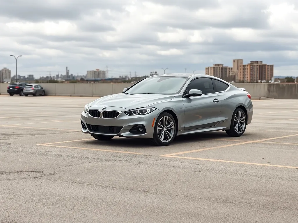 Sportowy używany samochód na pustym parkingu, podkreślający potencjał do tuningu w przystępnej cenie.