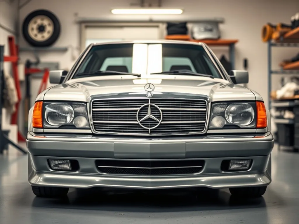 Mercedes 190 w nowoczesnym garażu, z dyskretnym body kitem: nowy zderzak, progi i poszerzone błotniki, gotowy do montażu