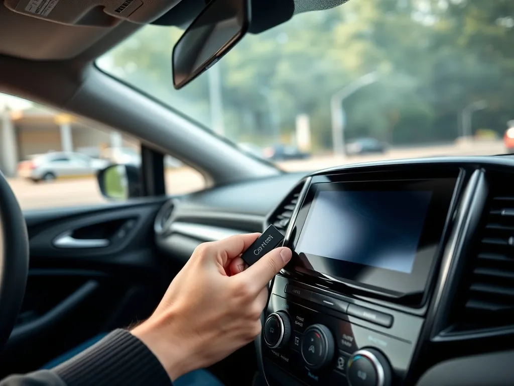 Kierowca wkłada pendrive do portu USB przy ekranie multimedialnym w Renault Clio 4, przygotowując instalację nawigacji.